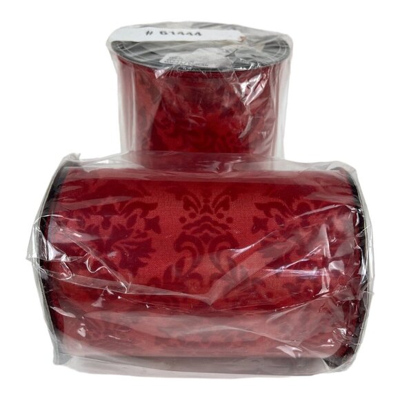 D Stevens Fine Wired Ribbon Red Flocked Damask  5” X 10yd NIP Christmas 2 Rolls - Picture 1 of 3